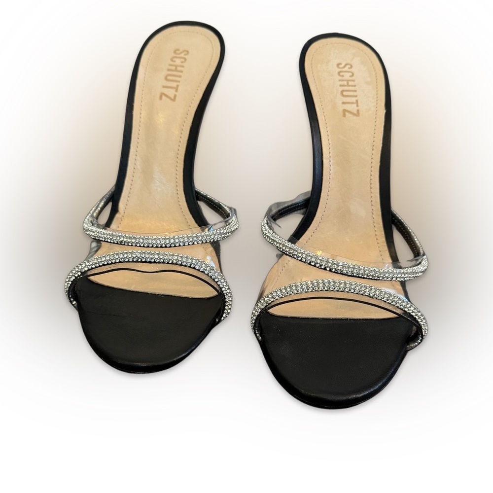 SCHUTZ Black Sandal Heels with Silver Crystal Straps